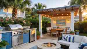 Custom outdoor kitchen in Pensacola with grill and dining area