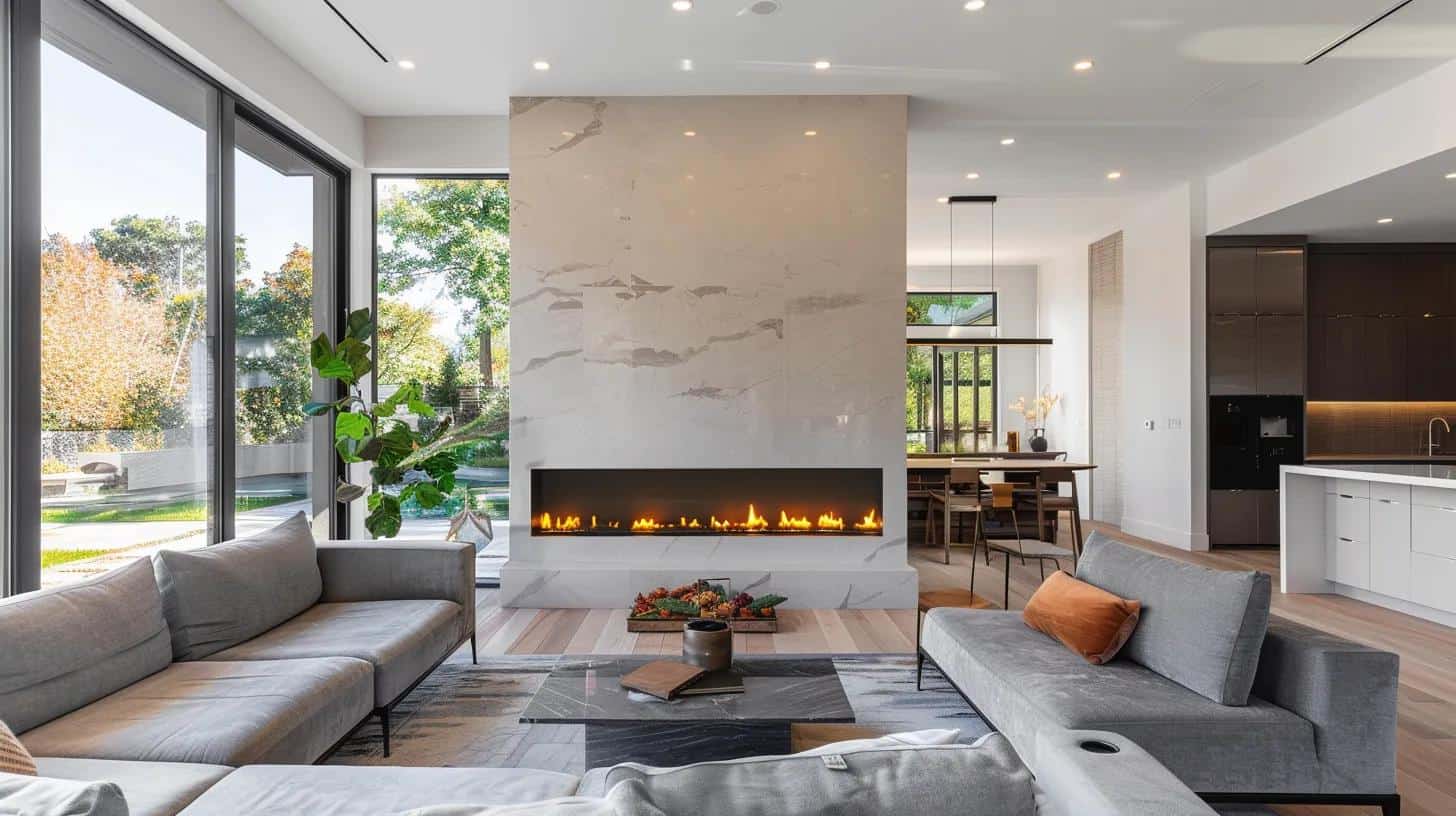 60 inch three-sided NetZero electric linear fireplace installed in a modern home