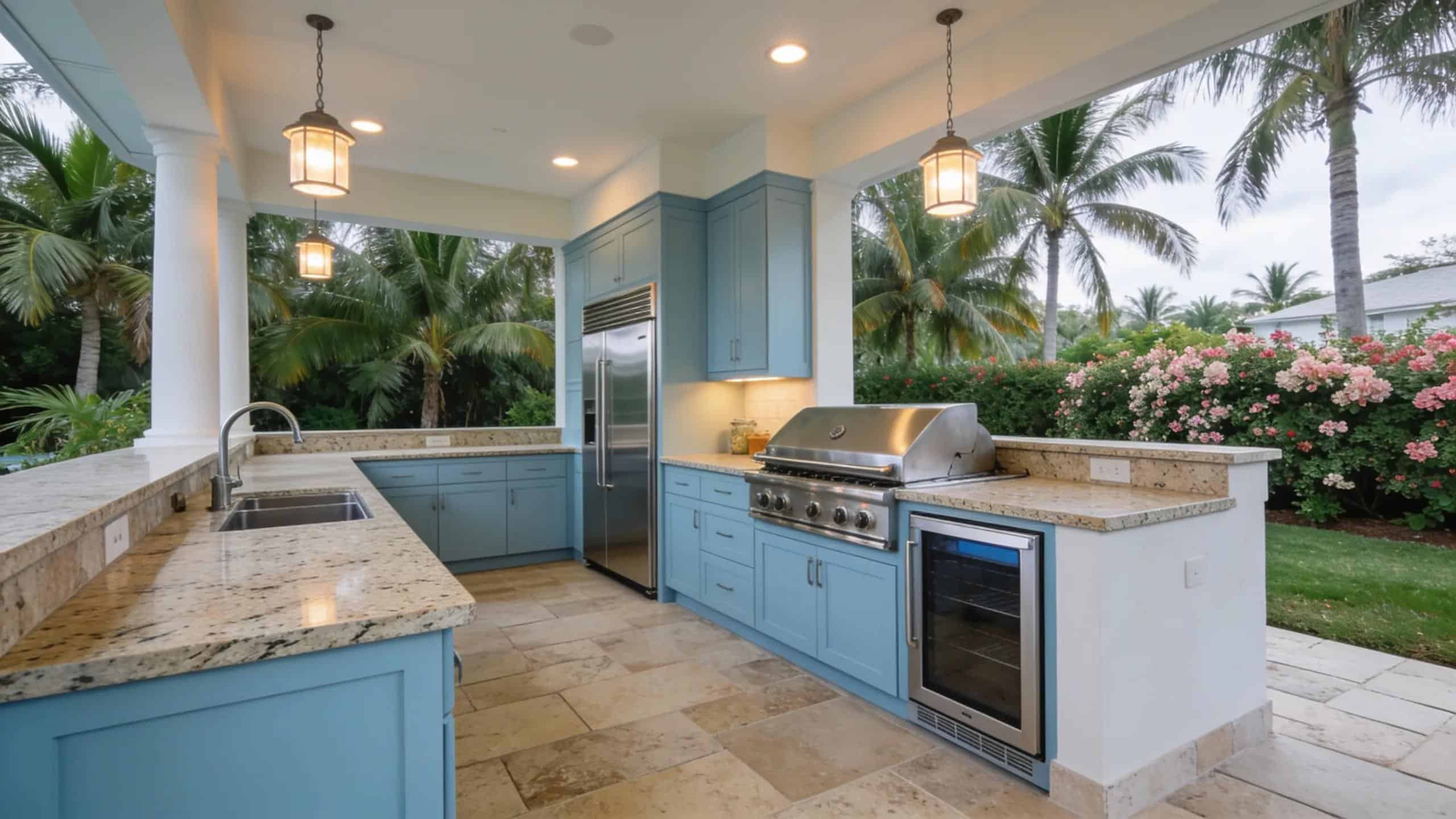 High-quality outdoor kitchen features with modern appliances in a coastal environment