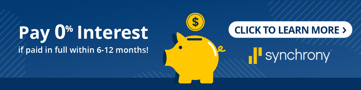 Pay 0% interest offer graphic featuring a yellow piggy bank with a coin, promoting financing options for home services in Pensacola and Destin.