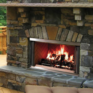 Wood outdoor fireplace with a stone surround