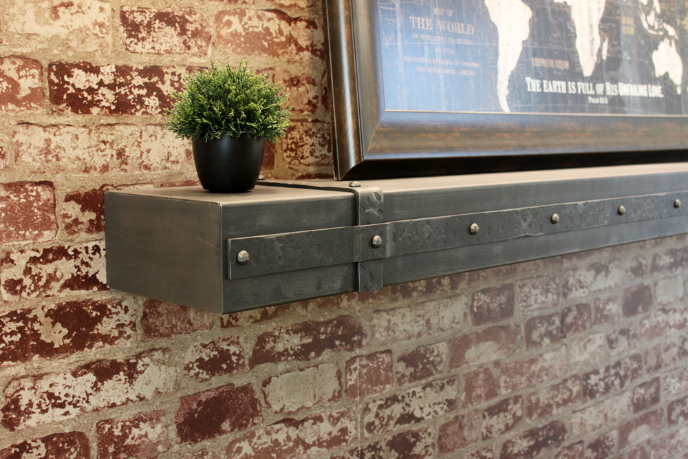 Stoll Metal Shelf - Antique Grey with Aged Iron Banding, Fireplace, Pensacola, Destin
