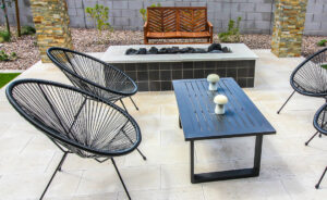 outdoor kitchen and fireplace in Carillon Beach