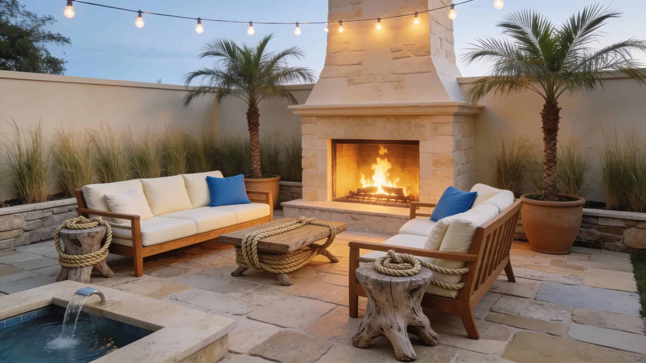 Stylish outdoor fireplace installation by Doodlebuggers in a coastal setting